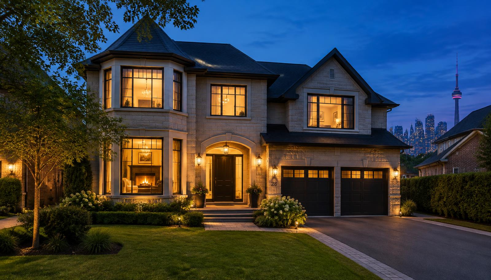 Contemporary home with a brick chimney and warmly lit windows